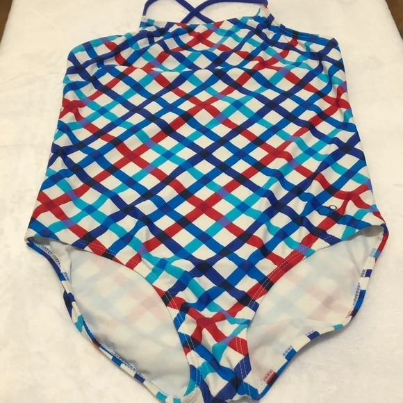 Girls One Piece Swimsuit Blue Red Plaid Crisscross Back Cute Swimwear - Picture 1 of 5